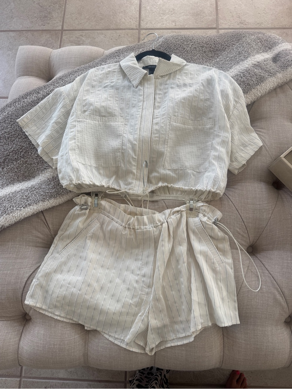 Forever 21 Cream and Black Pinstripe Crop Top & Shorts Set